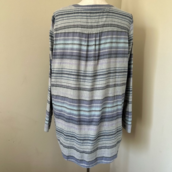 J. Jill Aztec Gray Blue Stripe Popover Half Button Blouse Top 100% Cotton Medium - Picture 3 of 12